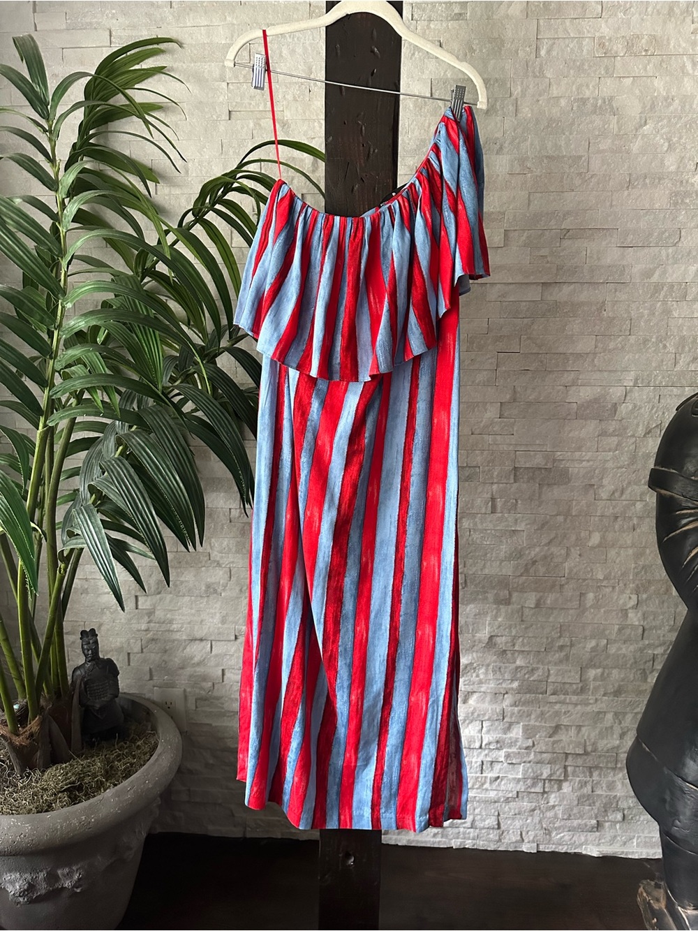 Pomander Place Tuckernuck Painterly Stripe Florencia One Shoulder Midi Dress S